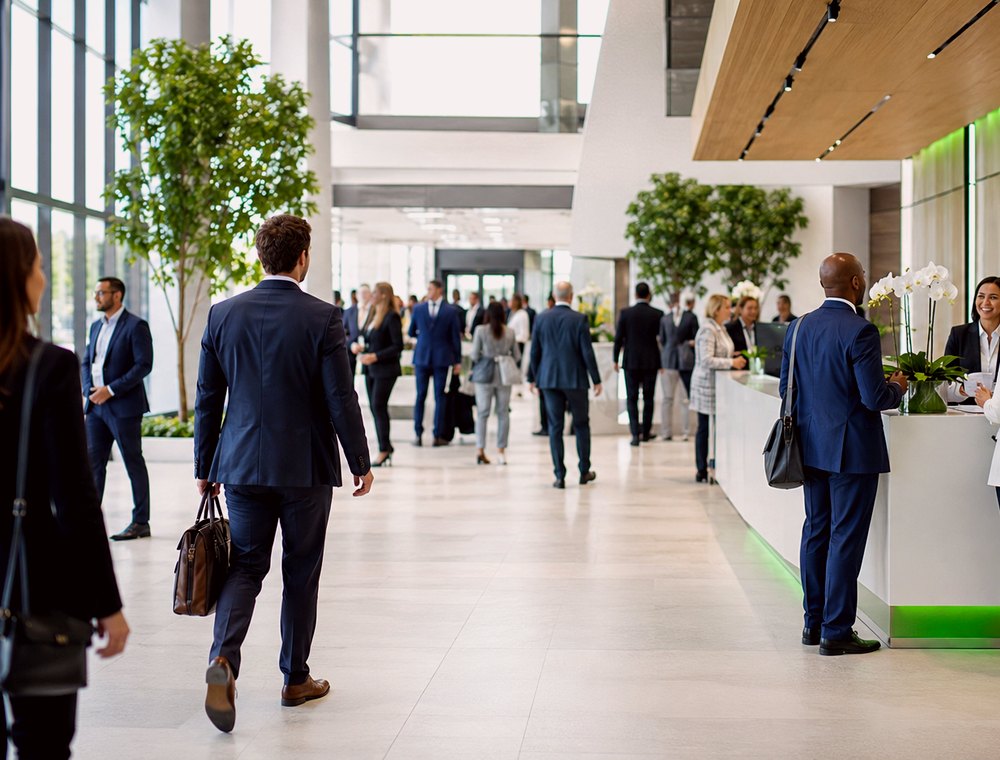 Professionals in a modern event lobby discussing business needs