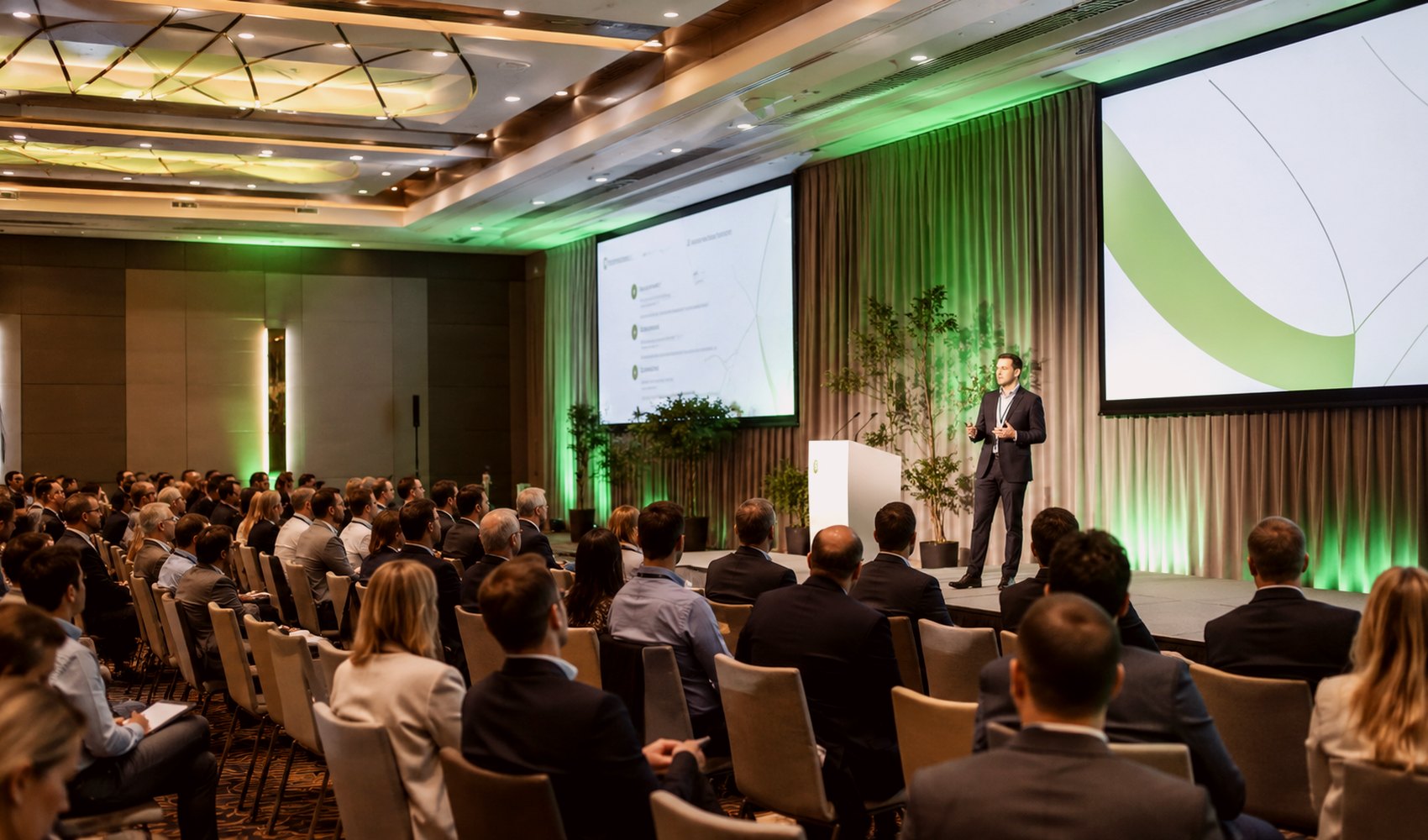 Professionals attending a business presentation in a conference setting