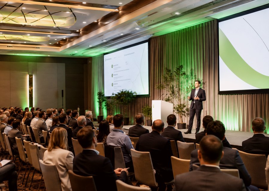 Conference audience listening to a business presenter